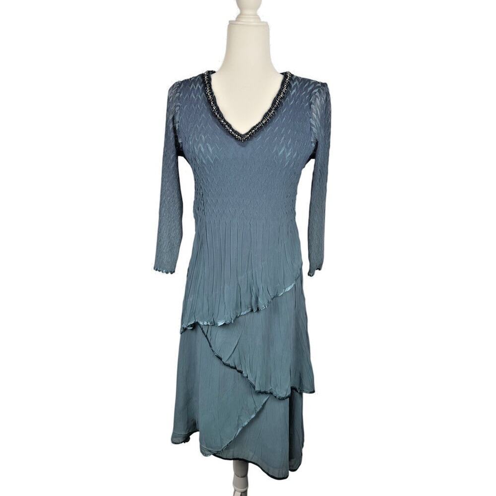 KOMAROV Midi Dress Slate Blue Large Crinkle Asymmetrical Special Event MOB MOG